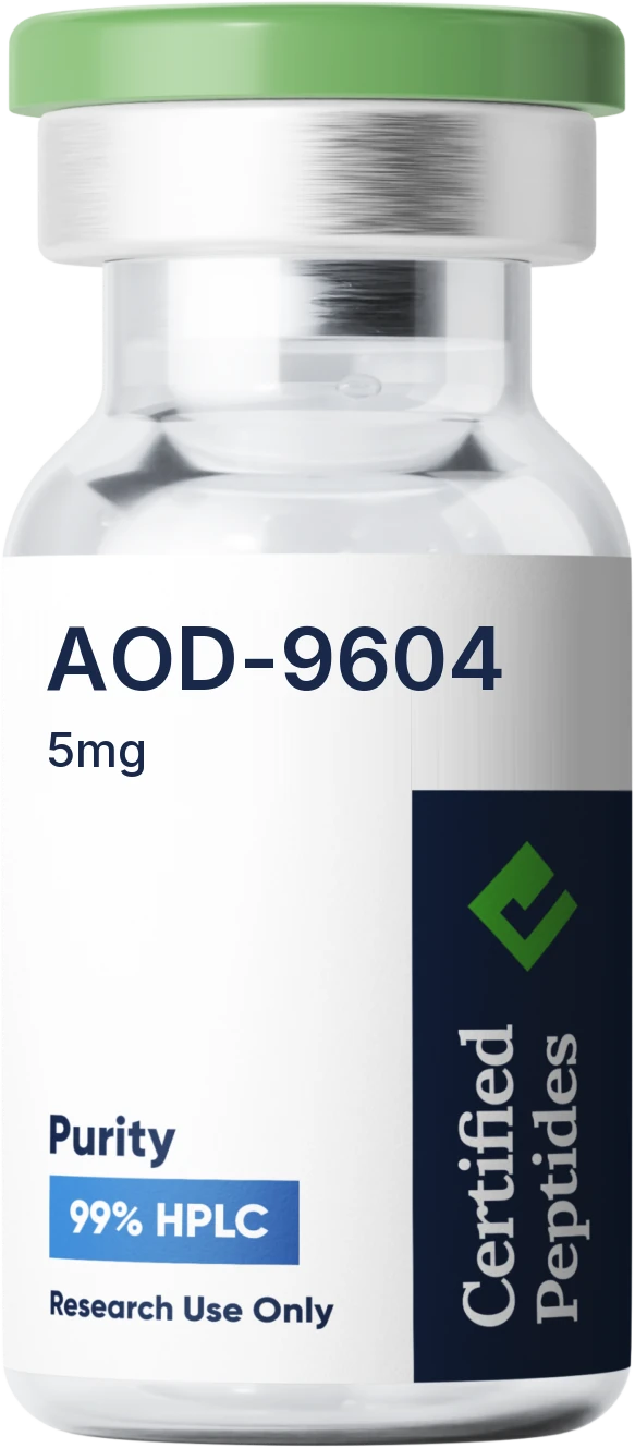 Certified Pep AOD-9604 vial with lot number and QR code on the label